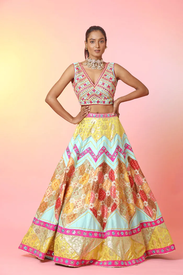 300695-RO Multicolor Mirror Work Lehenga with Dupatta