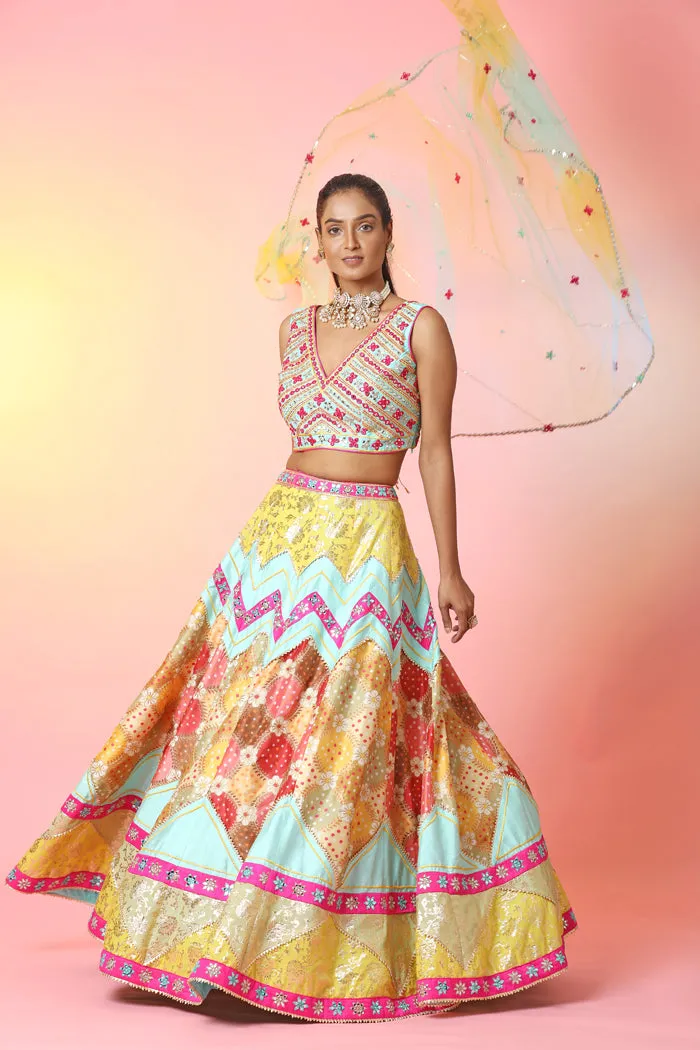 300695-RO Multicolor Mirror Work Lehenga with Dupatta