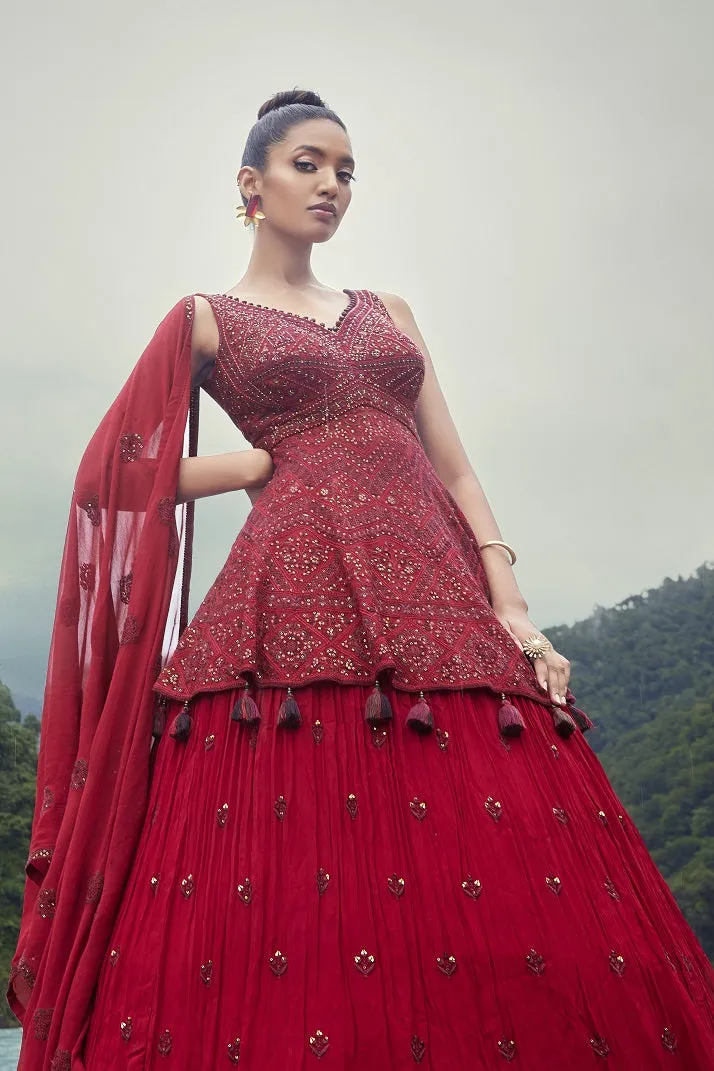 30Z278-RO Red Georgette Lehenga with Dupatta