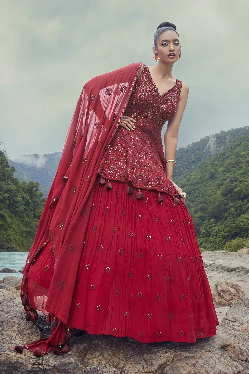 30Z278-RO Red Georgette Lehenga with Dupatta