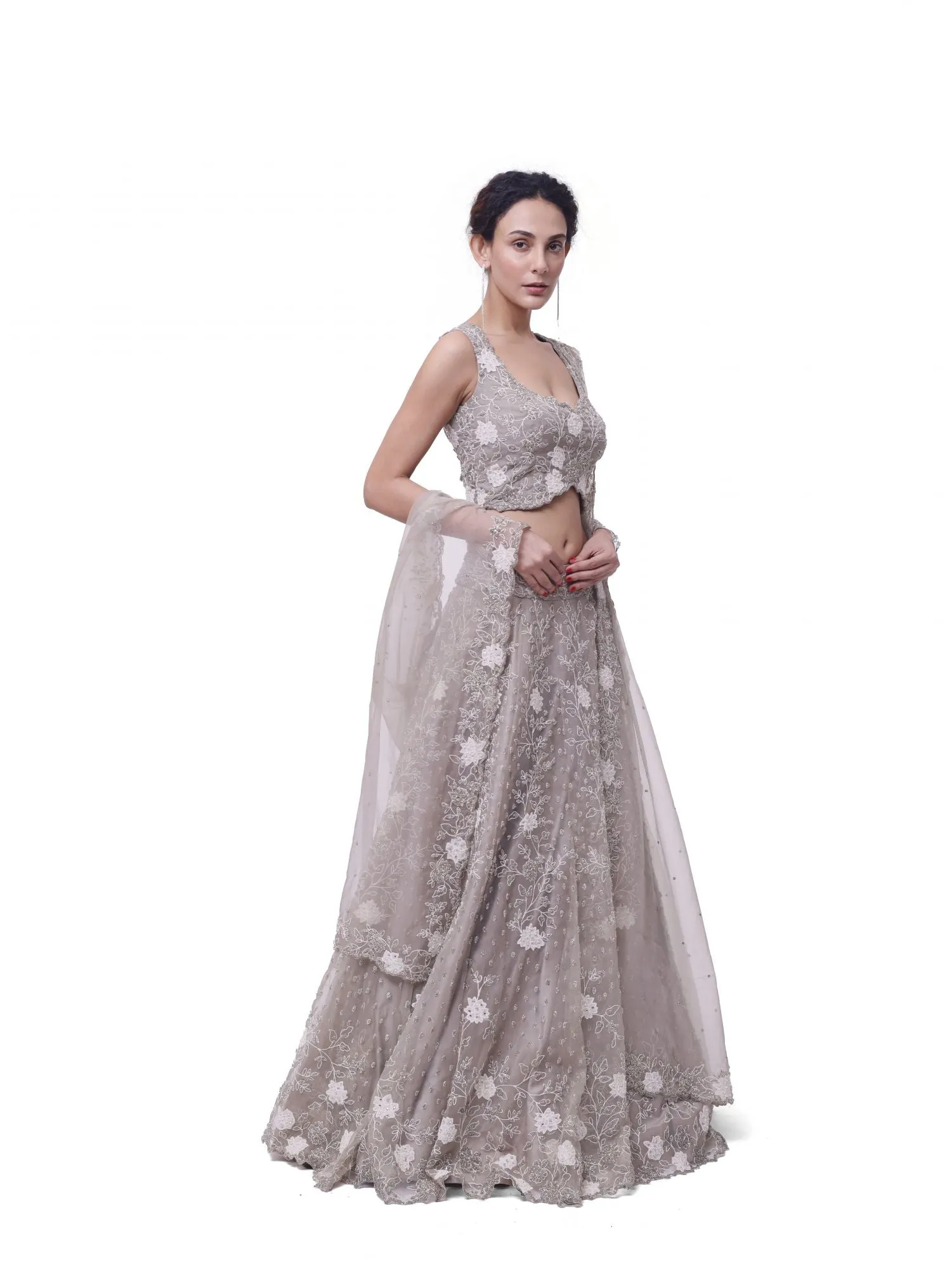 30Z335-RO Beige Embroidered Organza Lehenga with Dupatta