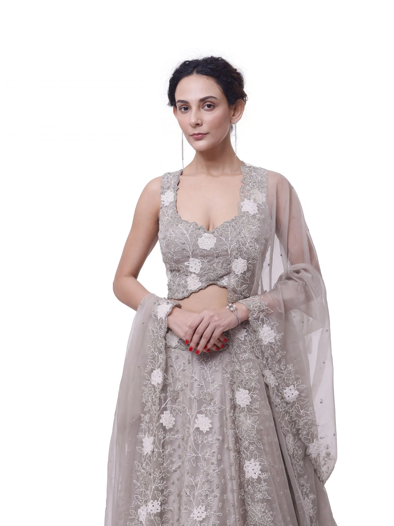 30Z335-RO Beige Embroidered Organza Lehenga with Dupatta