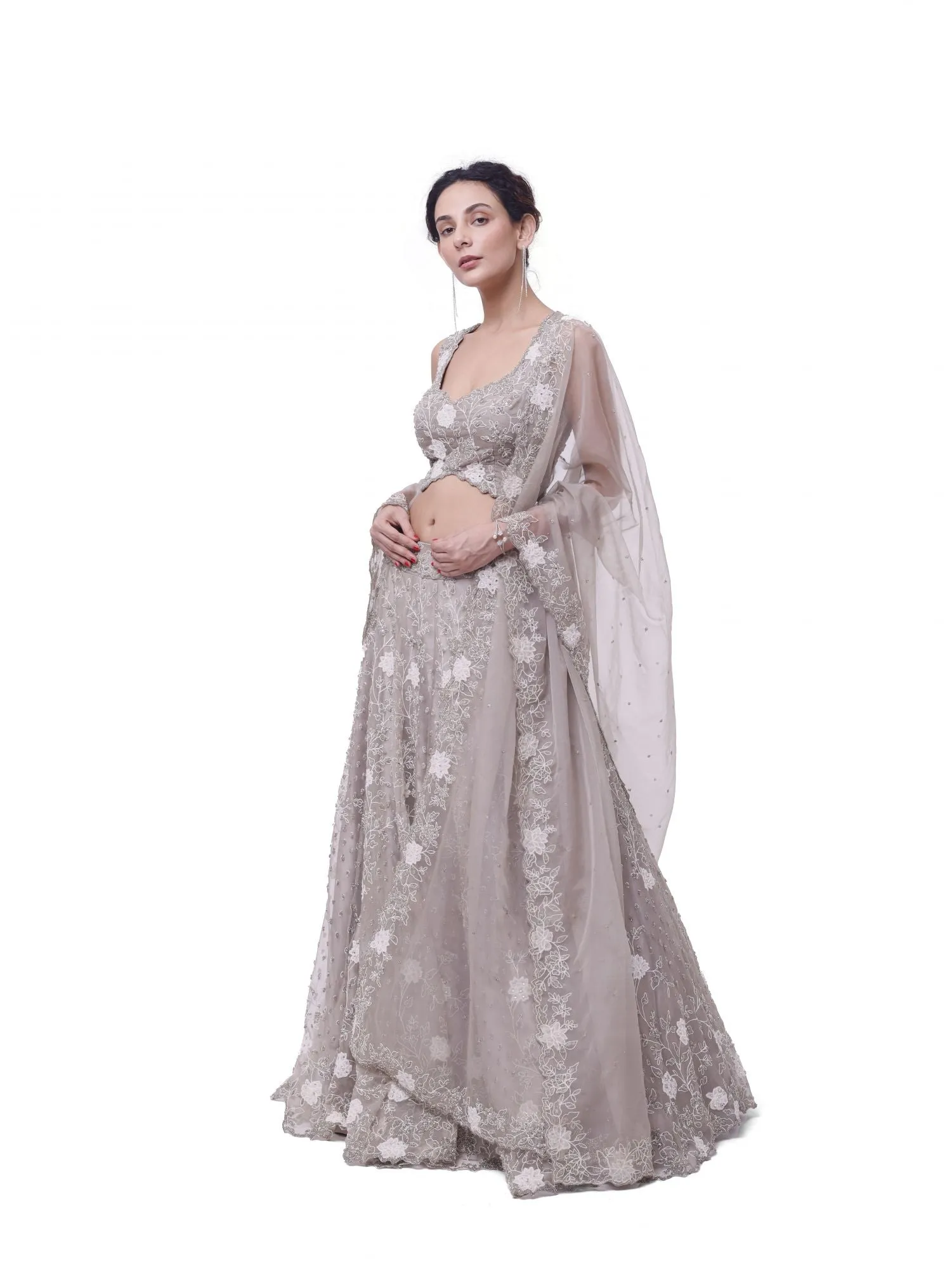 30Z335-RO Beige Embroidered Organza Lehenga with Dupatta