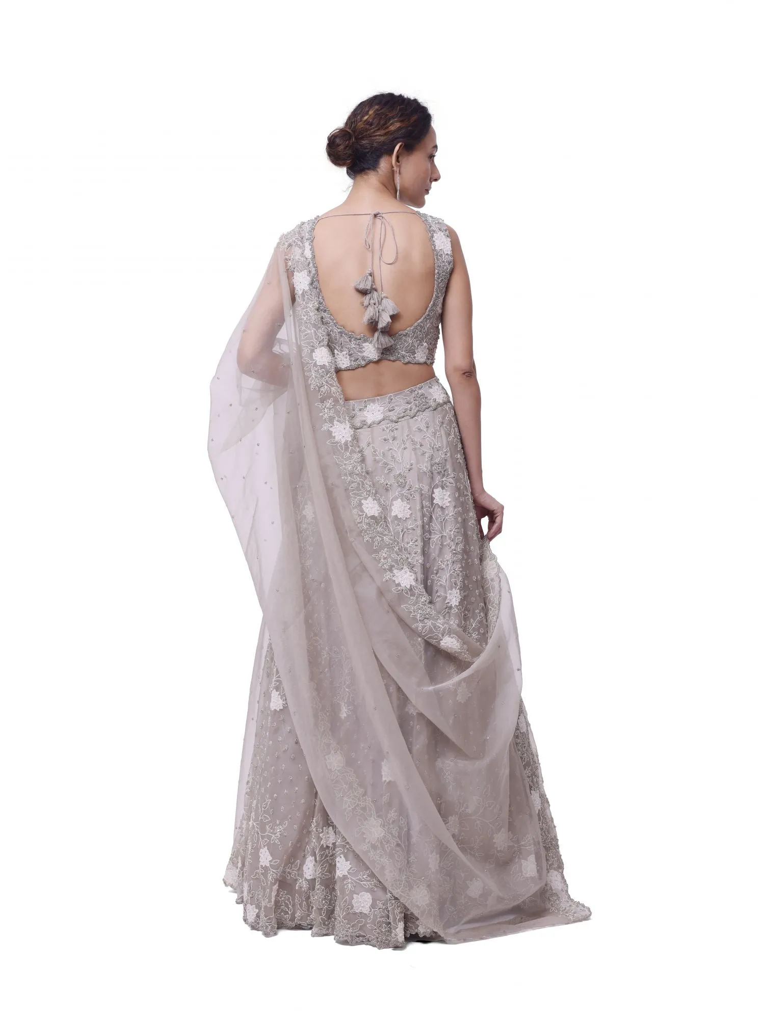 30Z335-RO Beige Embroidered Organza Lehenga with Dupatta