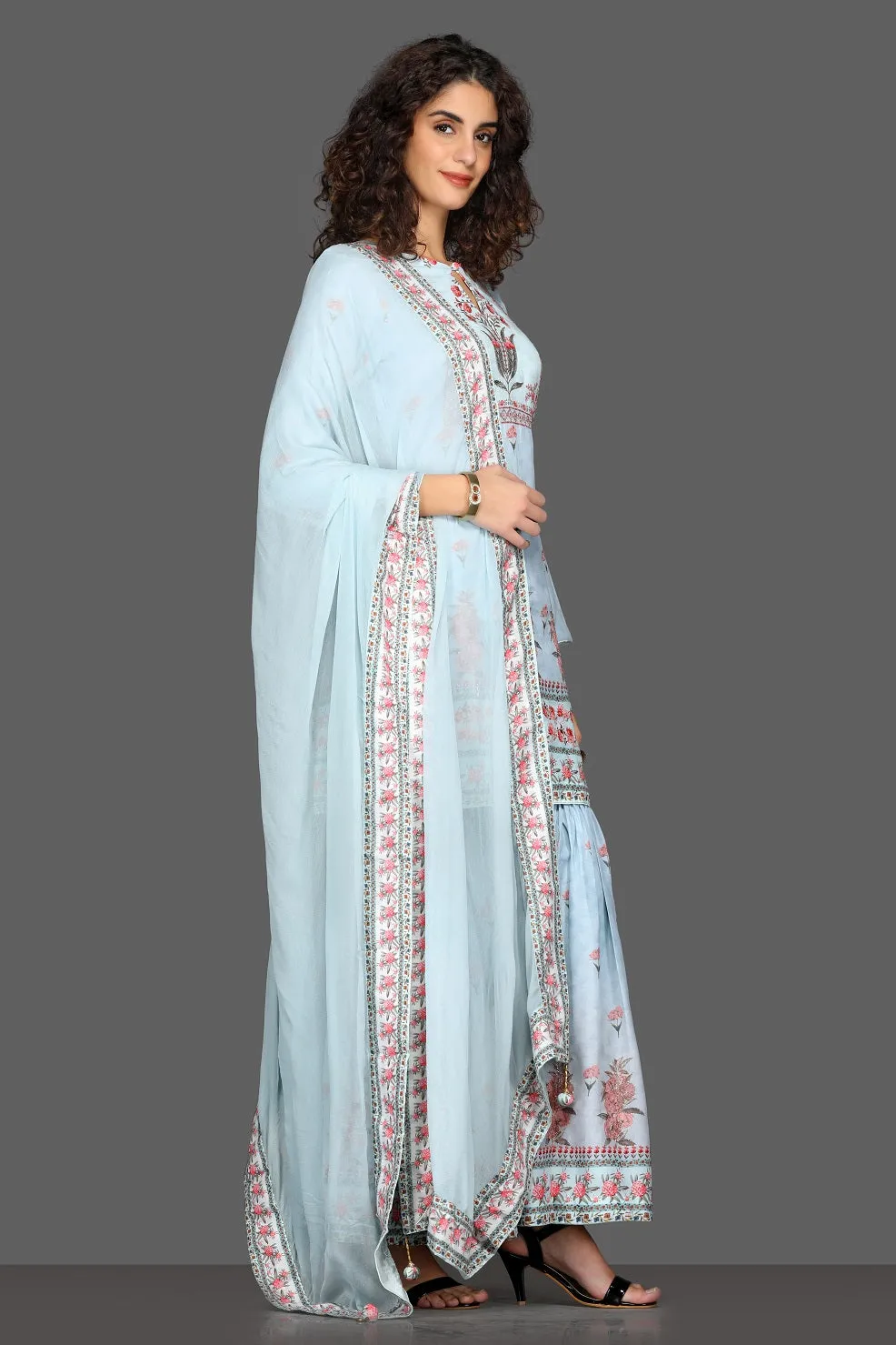 50Z087-RO Powder Blue Floral Gharara Suit with Dupatta