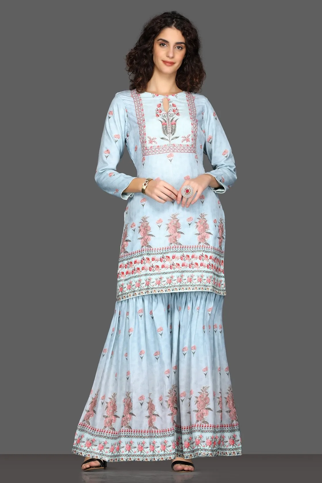 50Z087-RO Powder Blue Floral Gharara Suit with Dupatta