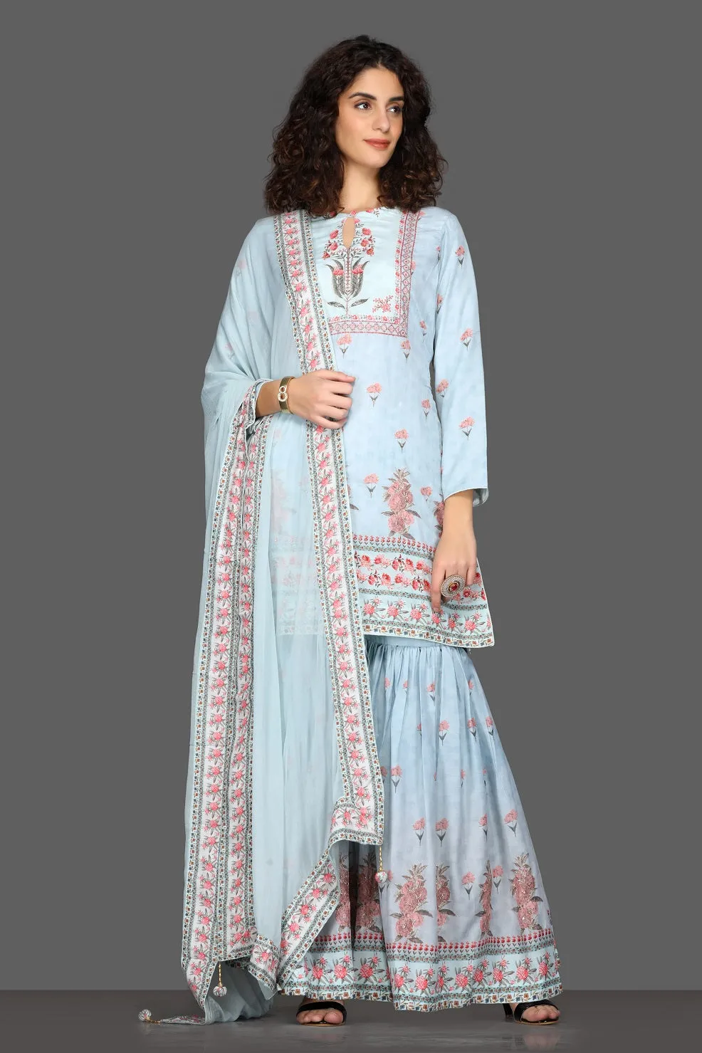 50Z087-RO Powder Blue Floral Gharara Suit with Dupatta