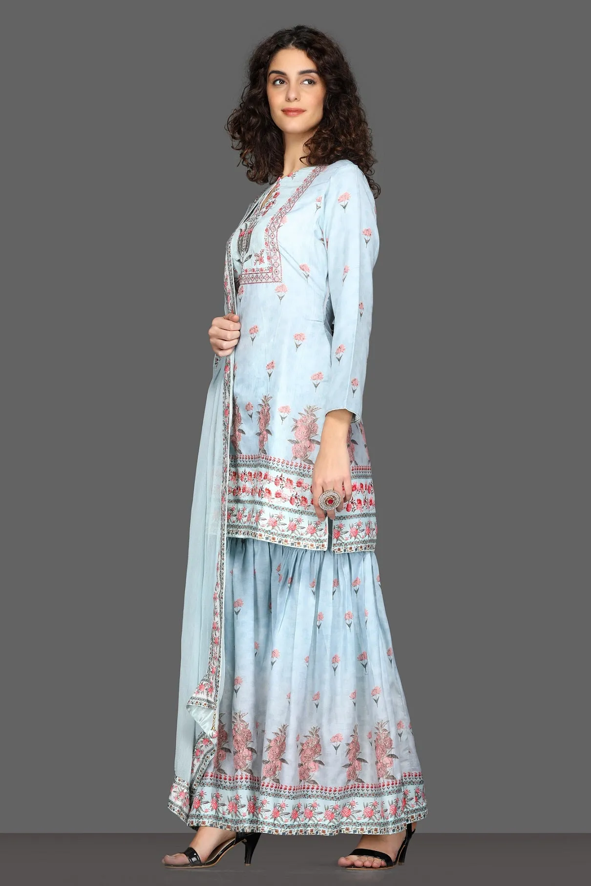 50Z087-RO Powder Blue Floral Gharara Suit with Dupatta