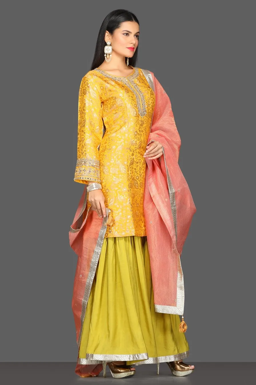 50Z097-RO Yellow and Green Embroidered Skirt Set with Pink Dupatta