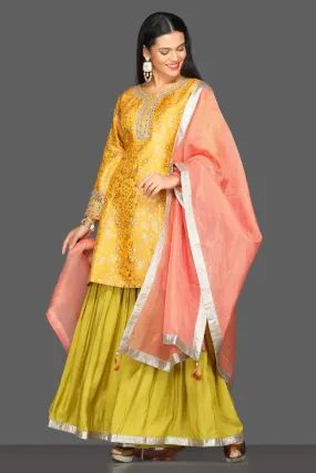 50Z097-RO Yellow and Green Embroidered Skirt Set with Pink Dupatta