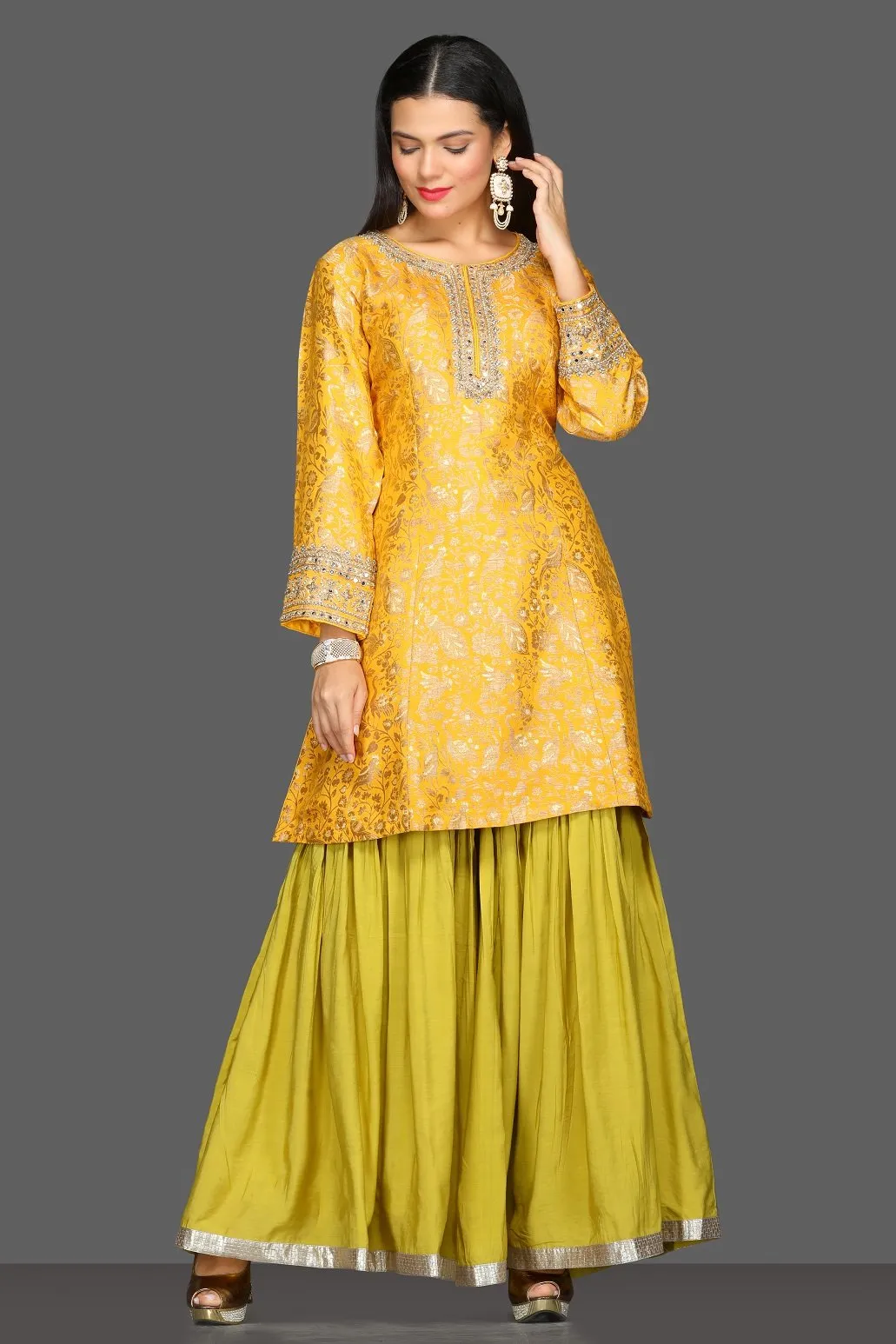 50Z097-RO Yellow and Green Embroidered Skirt Set with Pink Dupatta