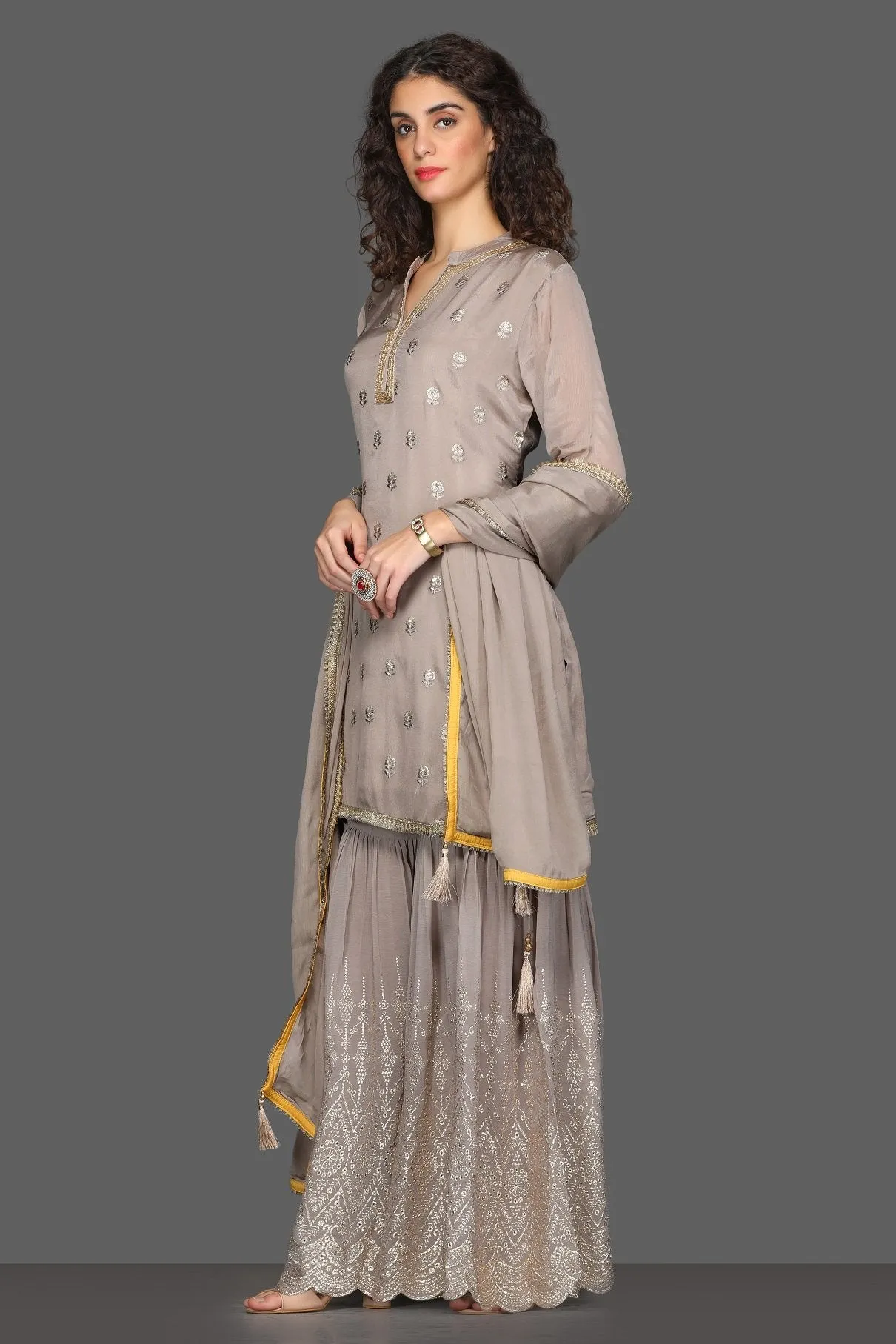 50Z106-RO Grey Embroidered Gharara Suit with Dupatta