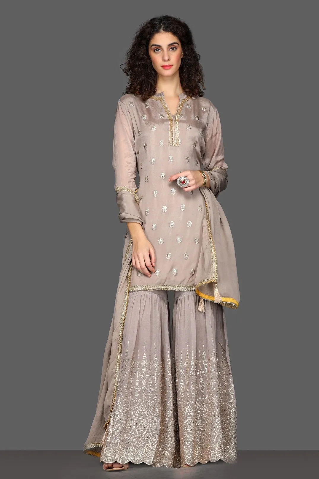 50Z106-RO Grey Embroidered Gharara Suit with Dupatta