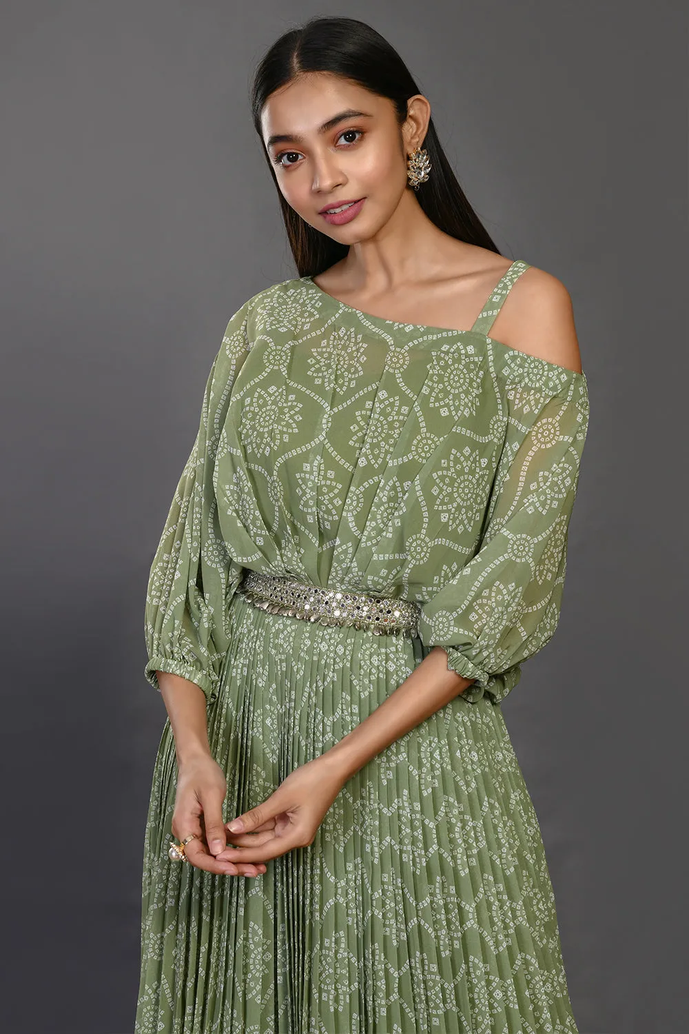 50Z393-RO Sage Green Designer One Shoulder Gown