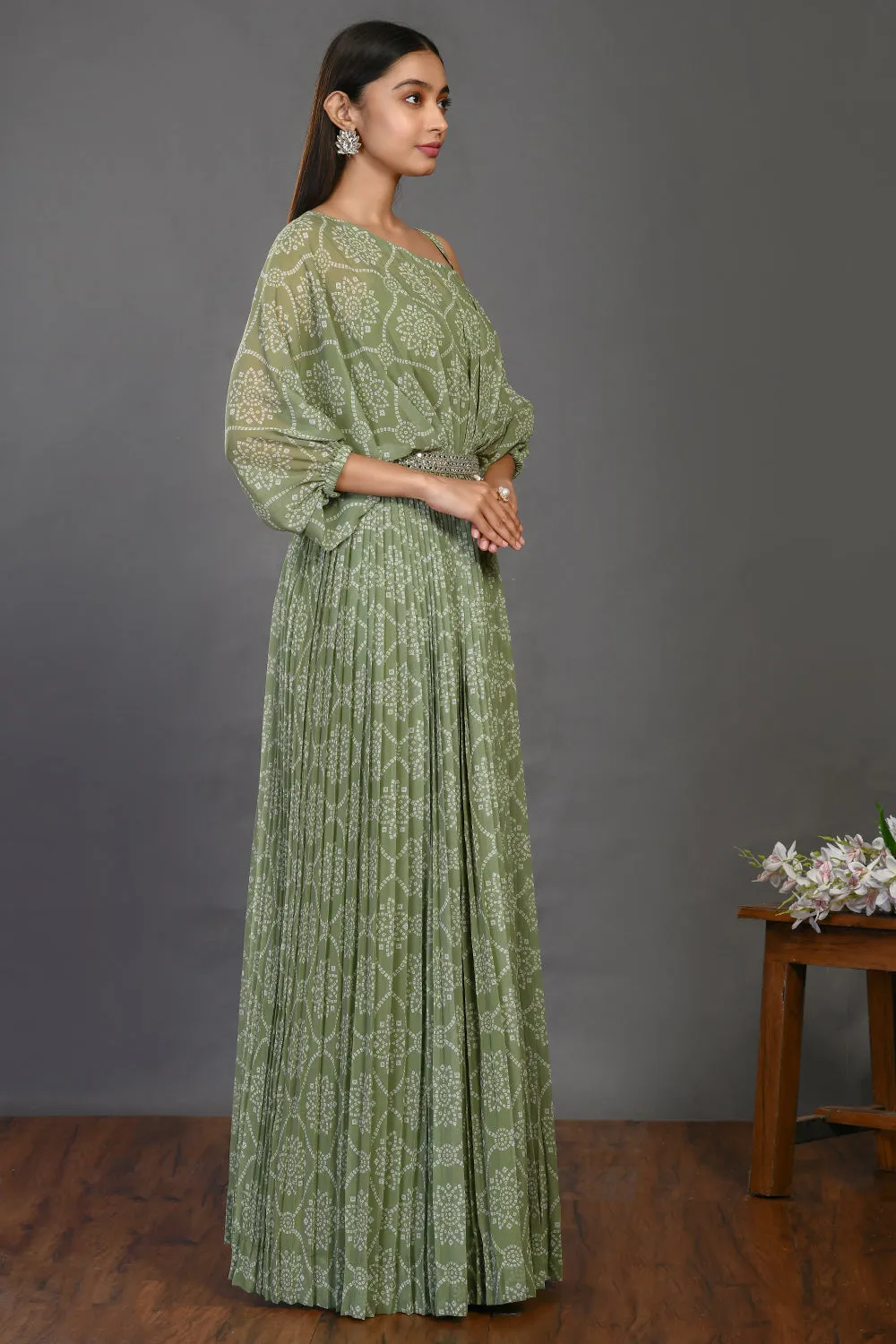 50Z393-RO Sage Green Designer One Shoulder Gown