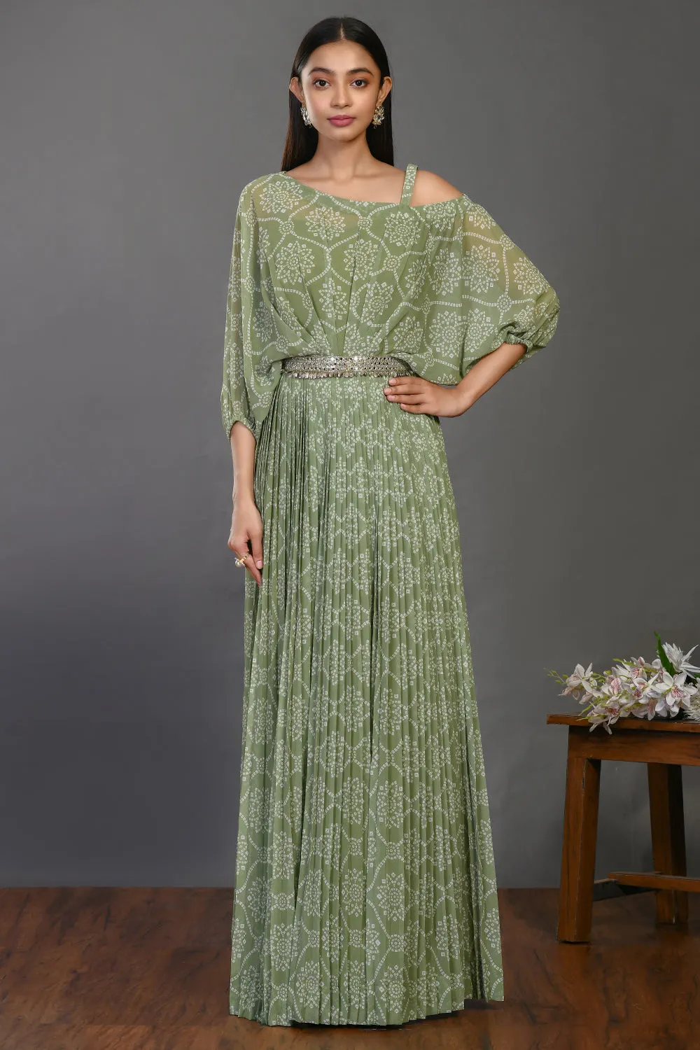 50Z393-RO Sage Green Designer One Shoulder Gown