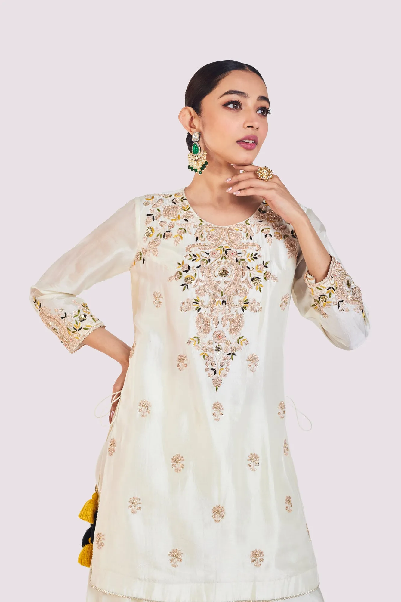 50Z961-RO Off-White Resham Work Silk Dhoti Suit