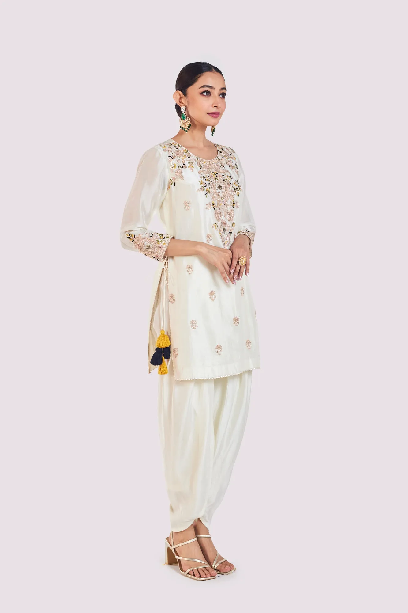 50Z961-RO Off-White Resham Work Silk Dhoti Suit