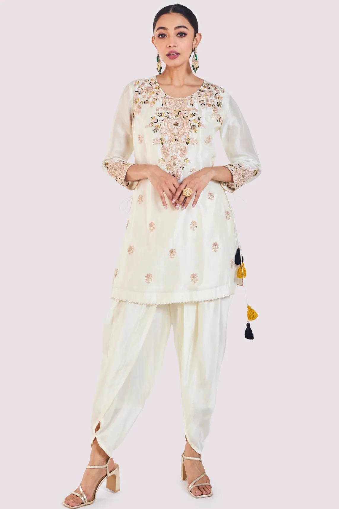 50Z961-RO Off-White Resham Work Silk Dhoti Suit