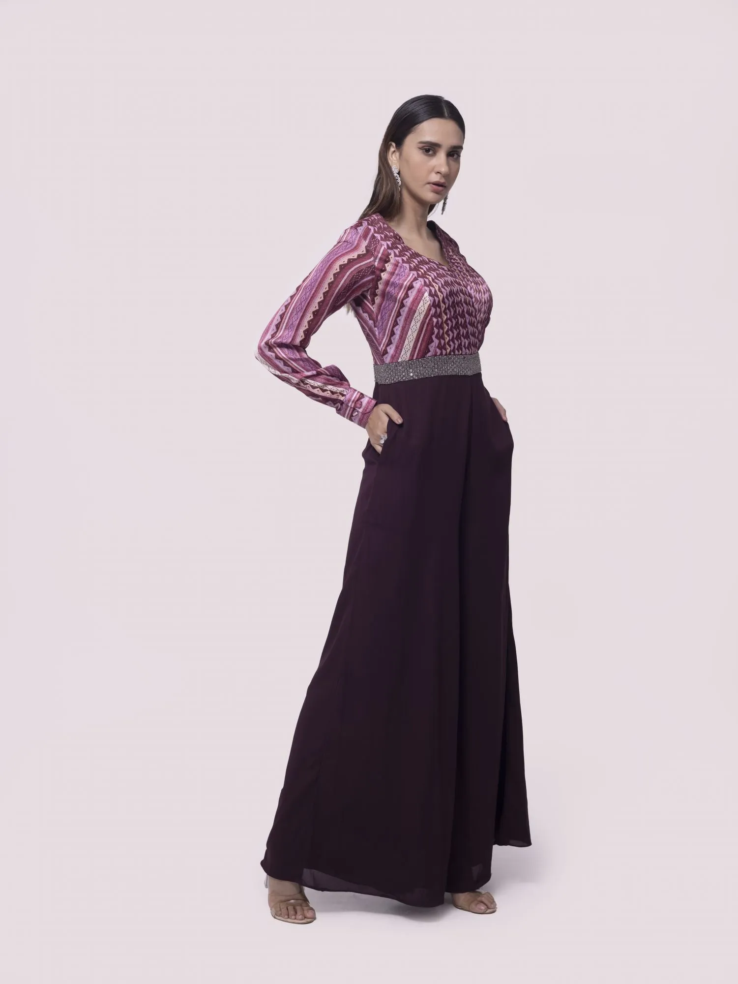 50Z972-RO Wine Color Satin Print Georgette Indowestern Dress