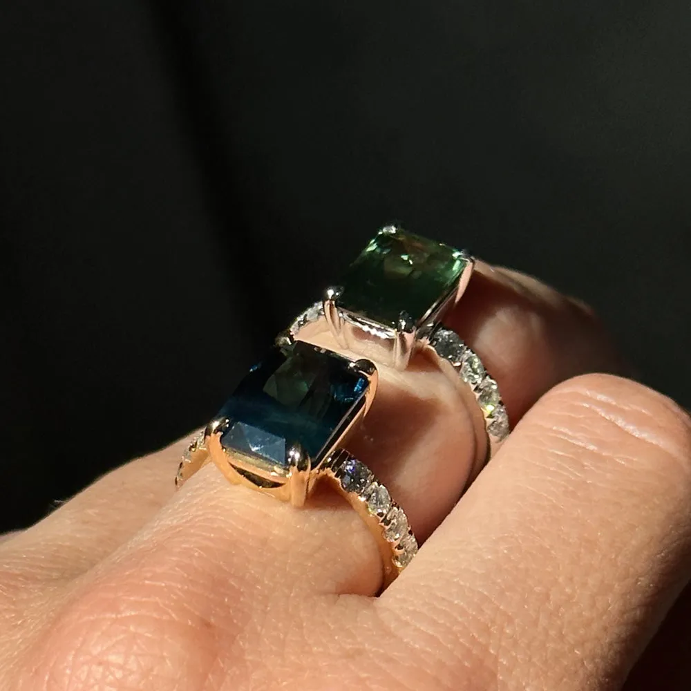 6.12ct Deep Teal Blue Madagascar Radiant Cut Sapphire Solitaire Ring with French Set Diamonds in 18k Yellow Gold