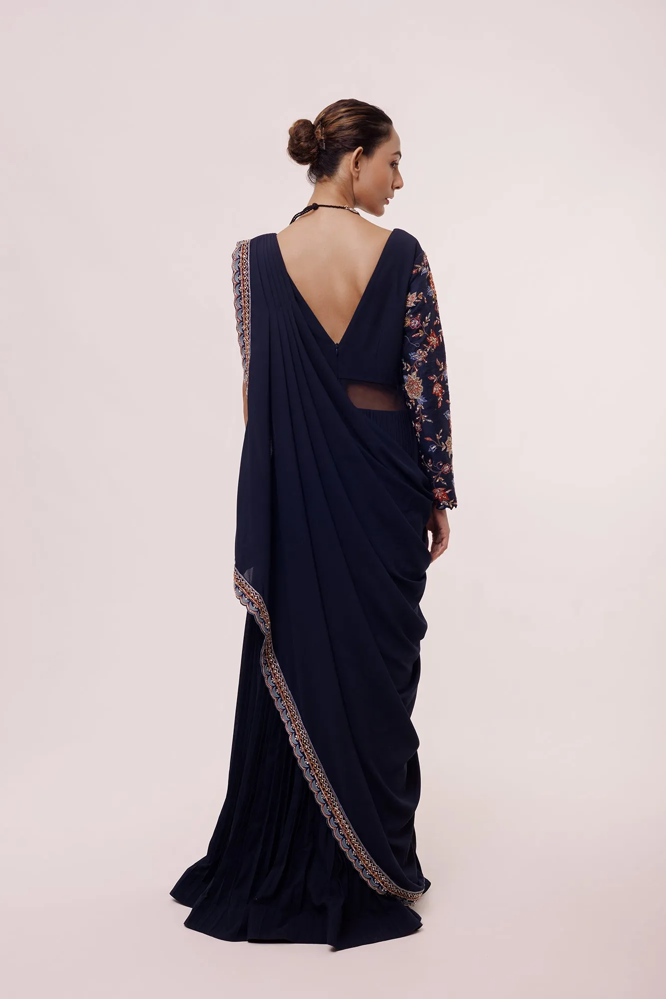 90Y023-RO Navy Blue Drape Saree with Embroidered Faux Jacket