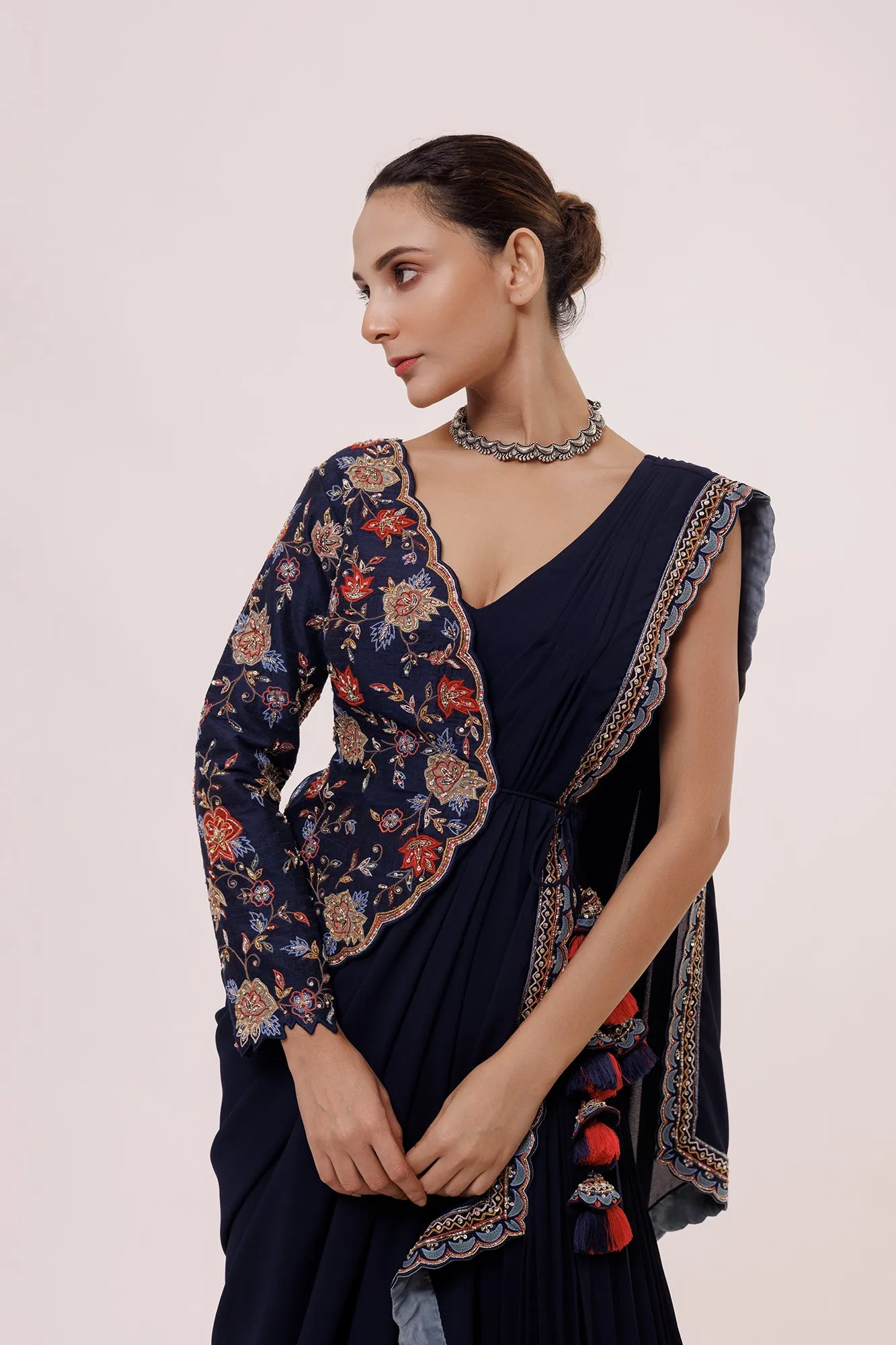 90Y023-RO Navy Blue Drape Saree with Embroidered Faux Jacket