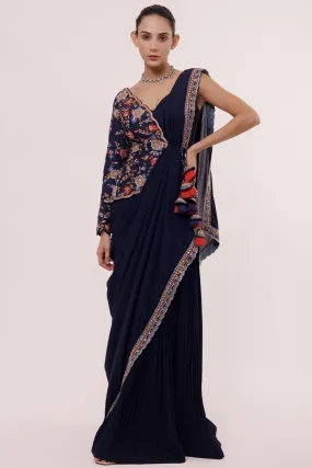 90Y023-RO Navy Blue Drape Saree with Embroidered Faux Jacket