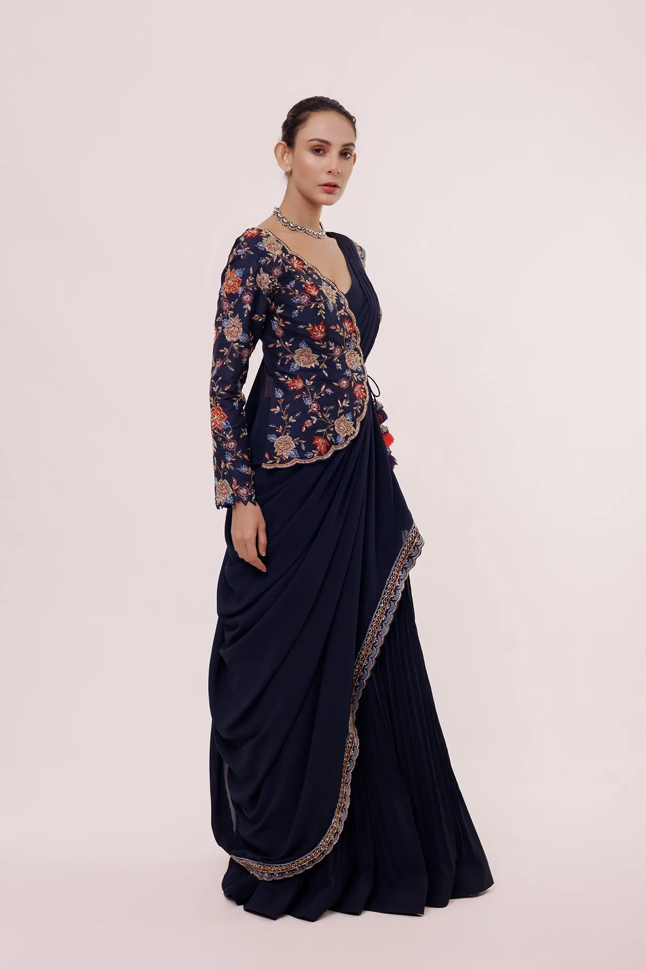 90Y023-RO Navy Blue Drape Saree with Embroidered Faux Jacket