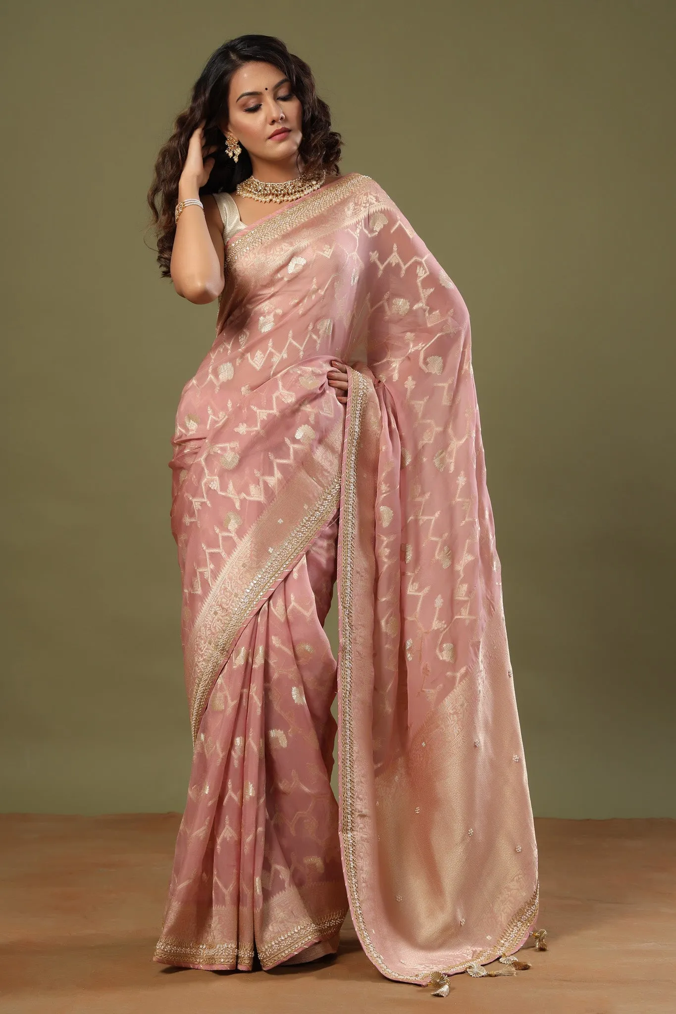 90Z513-NRO Dusty Pink Banarasi Sari with Embroidered Border