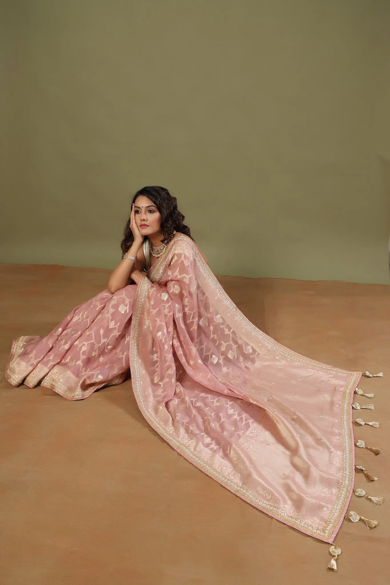 90Z513-NRO Dusty Pink Banarasi Sari with Embroidered Border