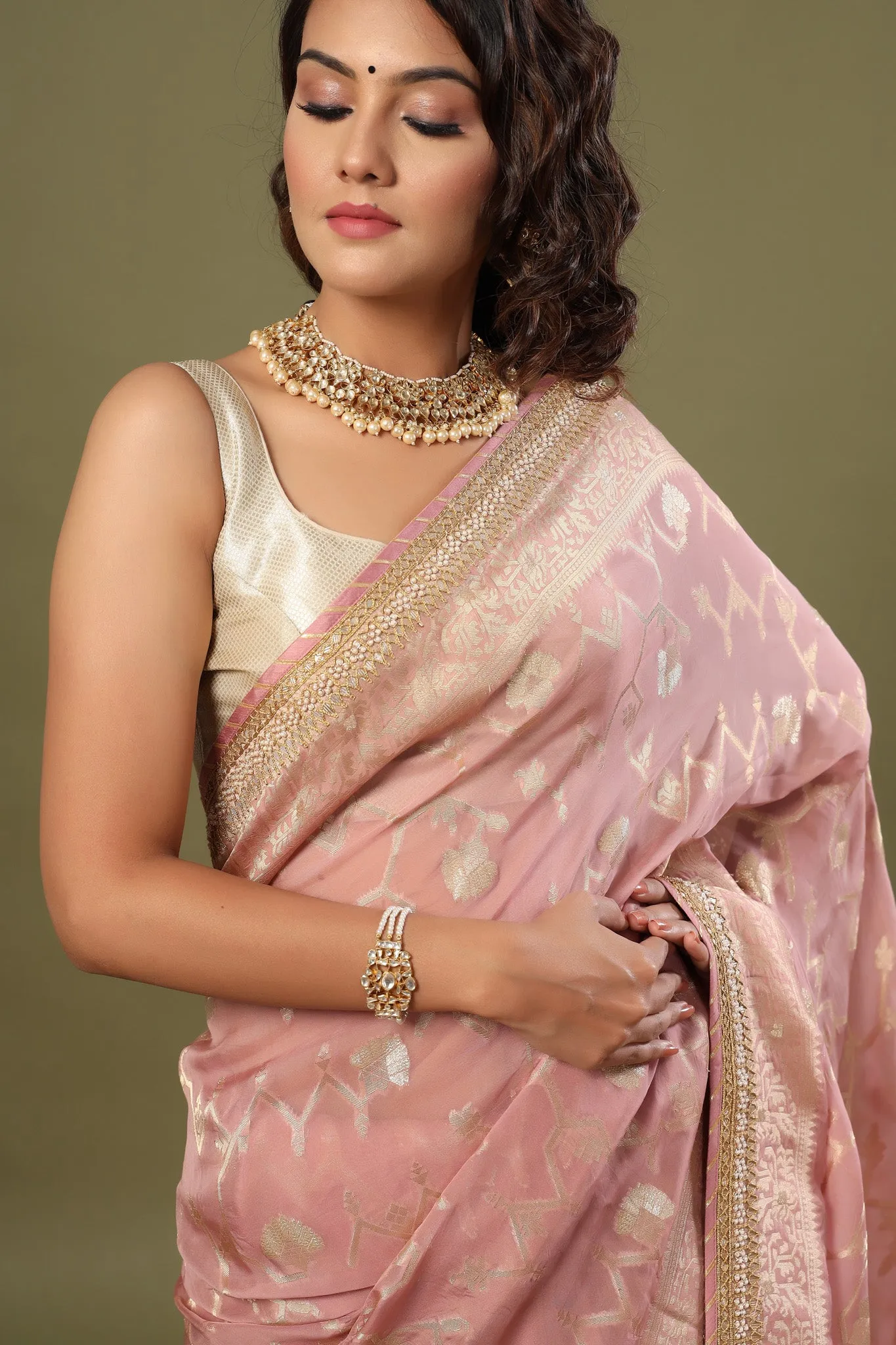 90Z513-NRO Dusty Pink Banarasi Sari with Embroidered Border