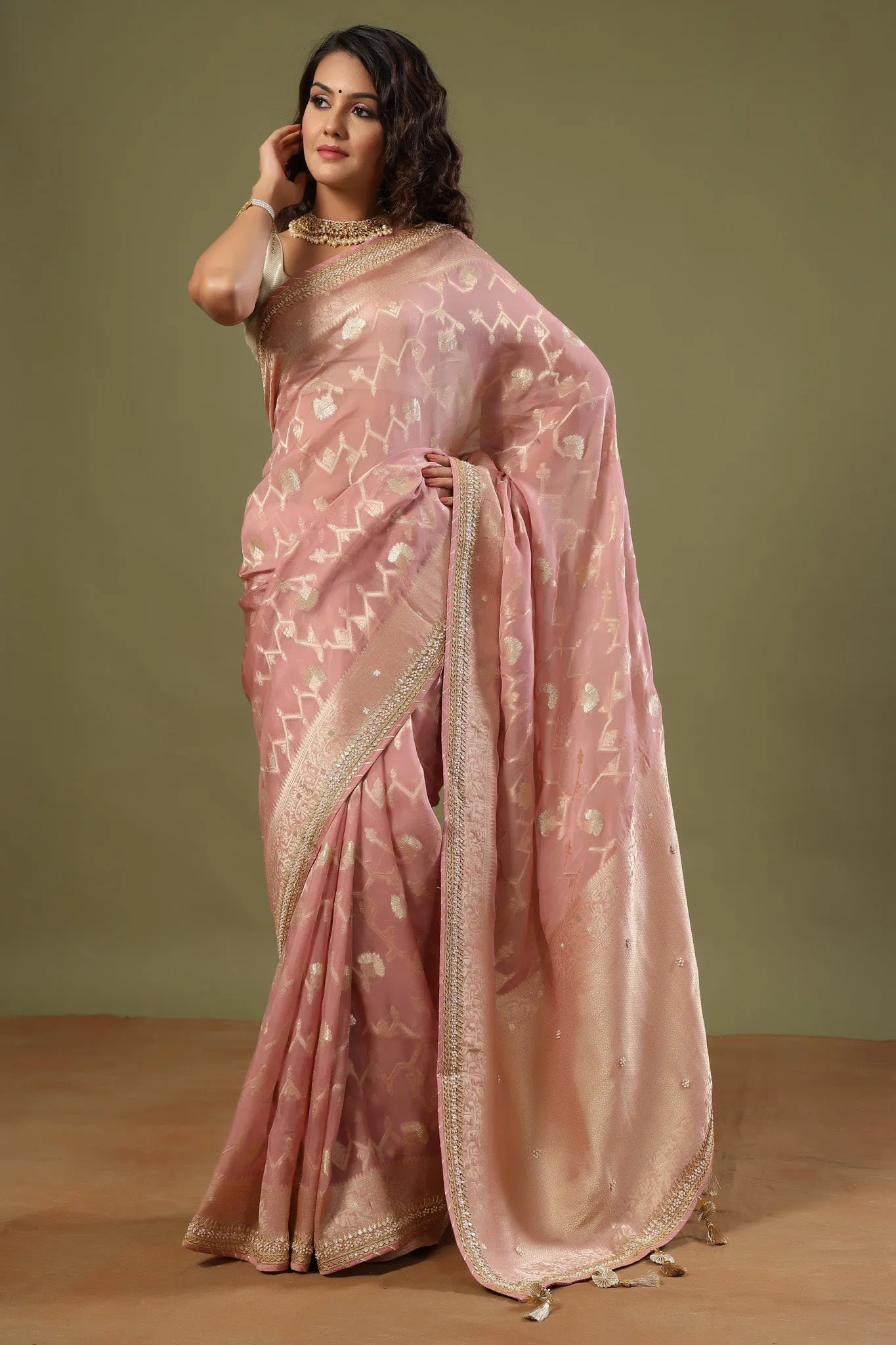 90Z513-NRO Dusty Pink Banarasi Sari with Embroidered Border