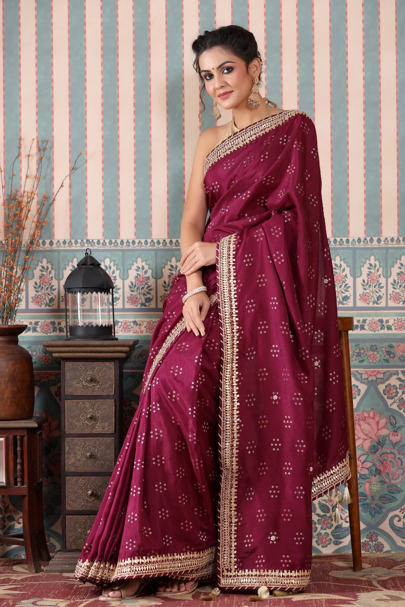 90Z518-RO Wine Color Georgette Saree with Embroidered Border