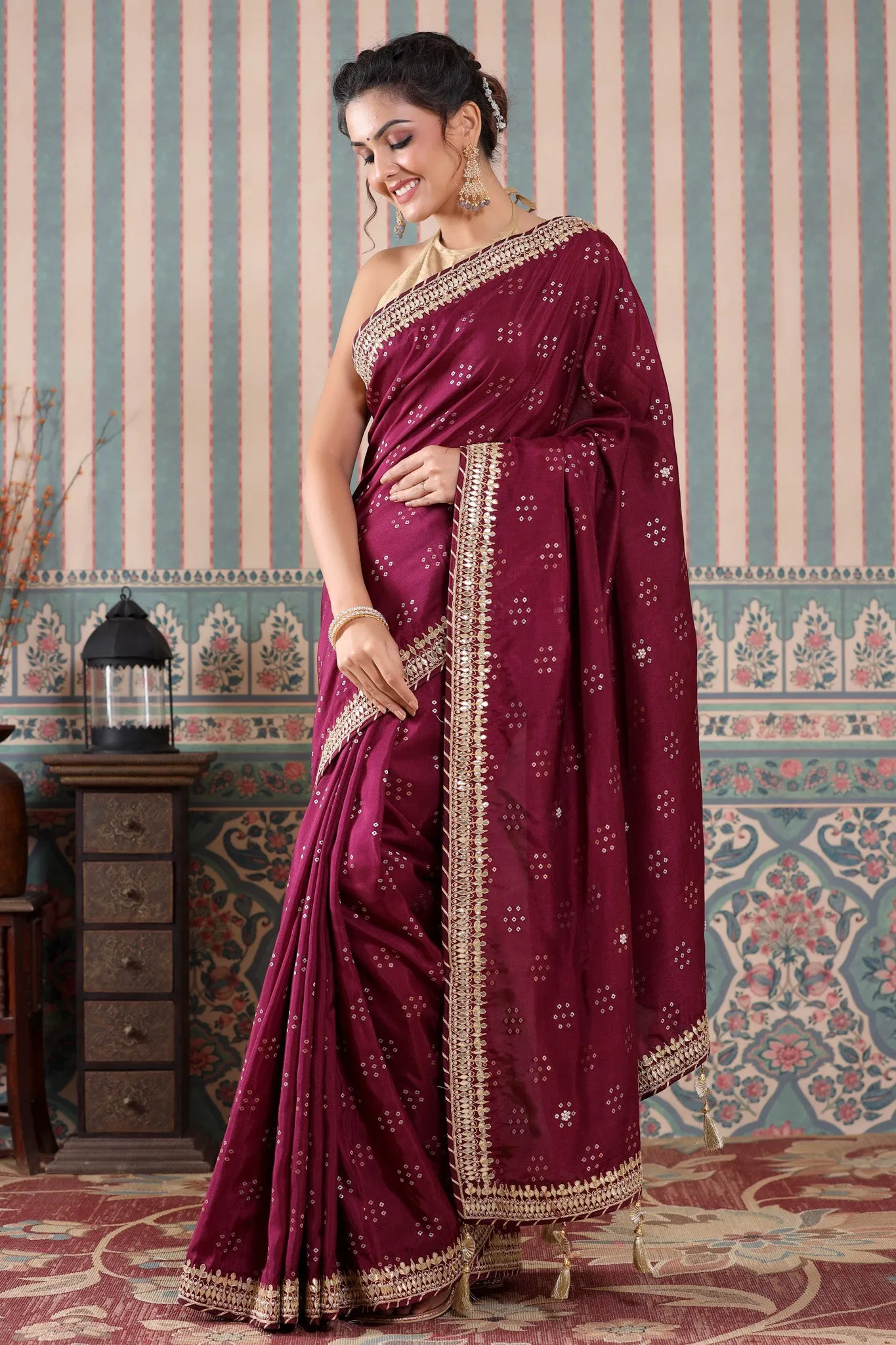 90Z518-RO Wine Color Georgette Saree with Embroidered Border