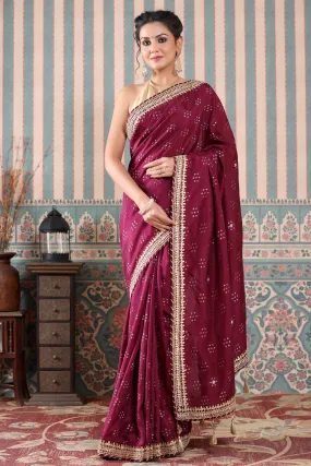 90Z518-RO Wine Color Georgette Saree with Embroidered Border