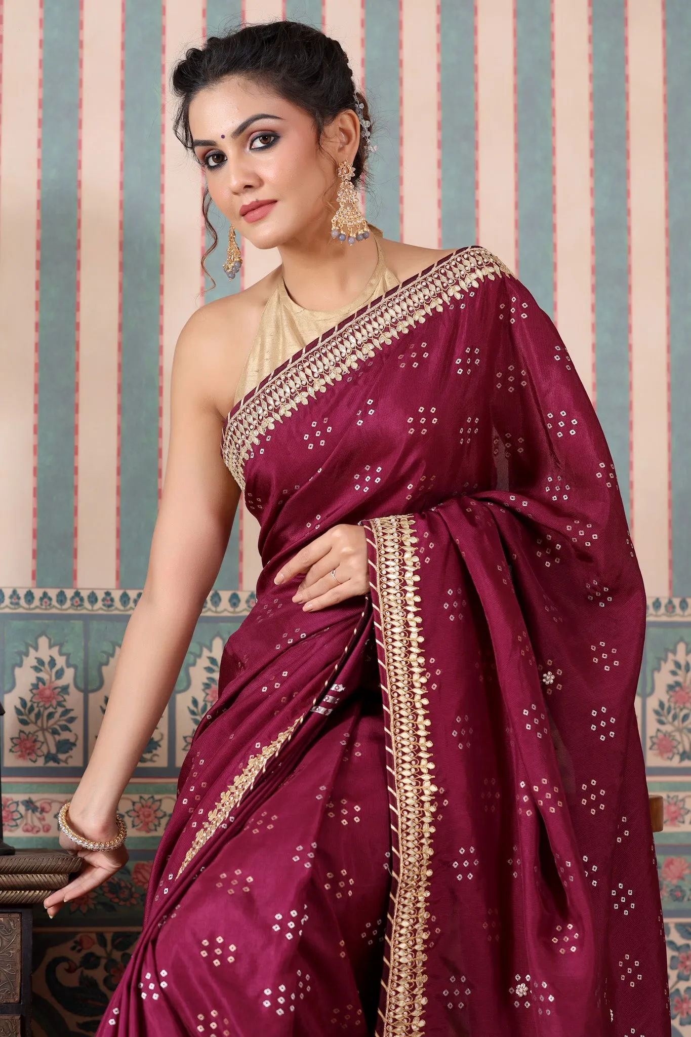 90Z518-RO Wine Color Georgette Saree with Embroidered Border