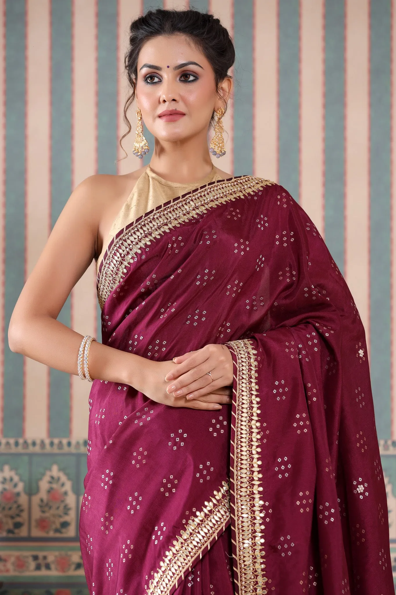 90Z518-RO Wine Color Georgette Saree with Embroidered Border