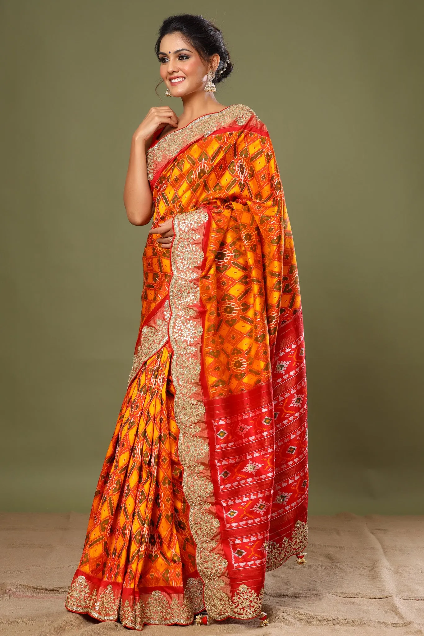 90Z524-RO Orange Patola Silk Saree with Scalloped Border