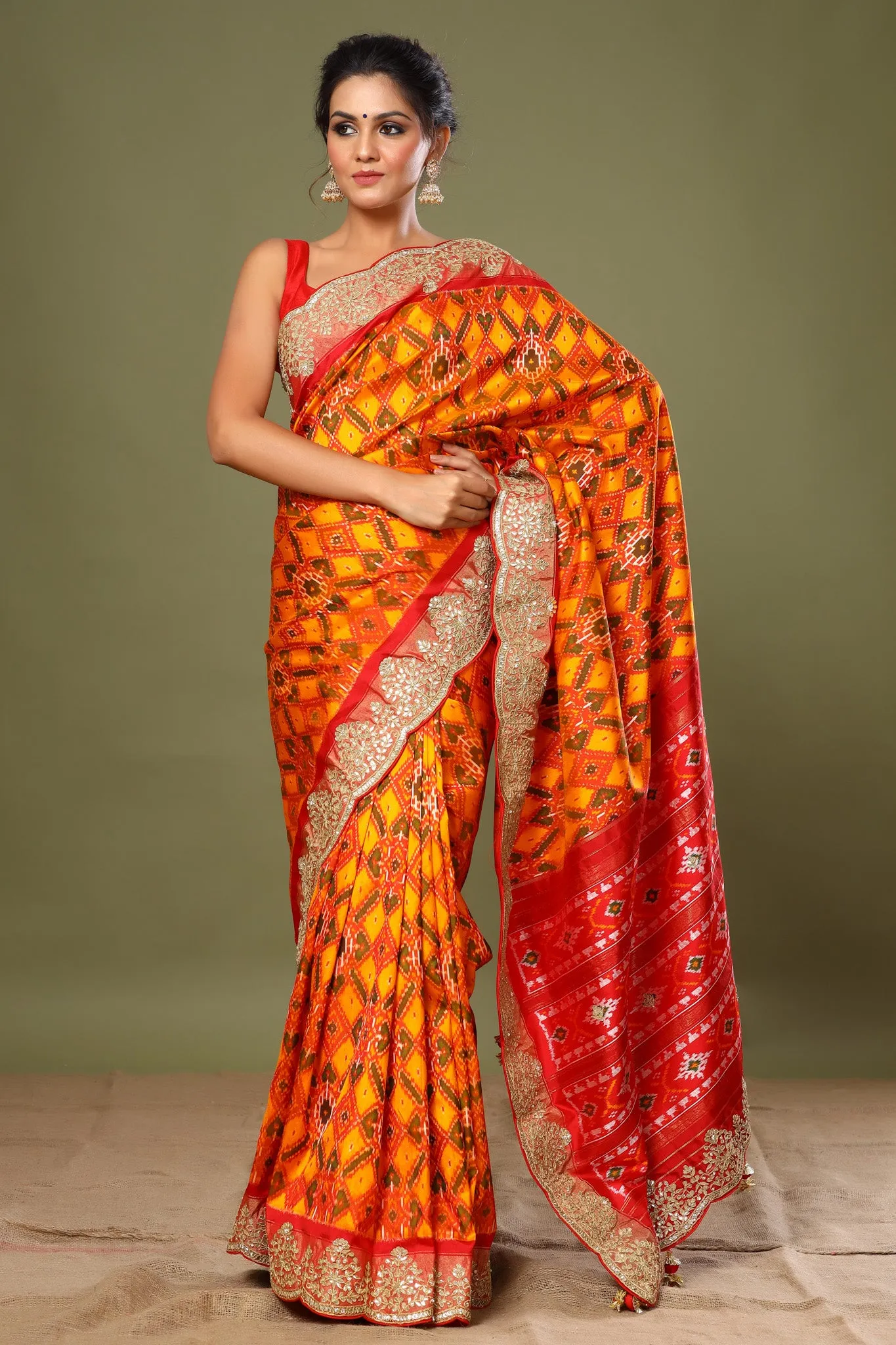 90Z524-RO Orange Patola Silk Saree with Scalloped Border