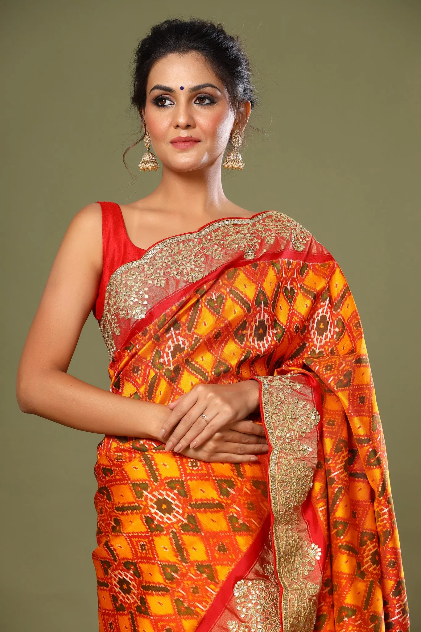 90Z524-RO Orange Patola Silk Saree with Scalloped Border