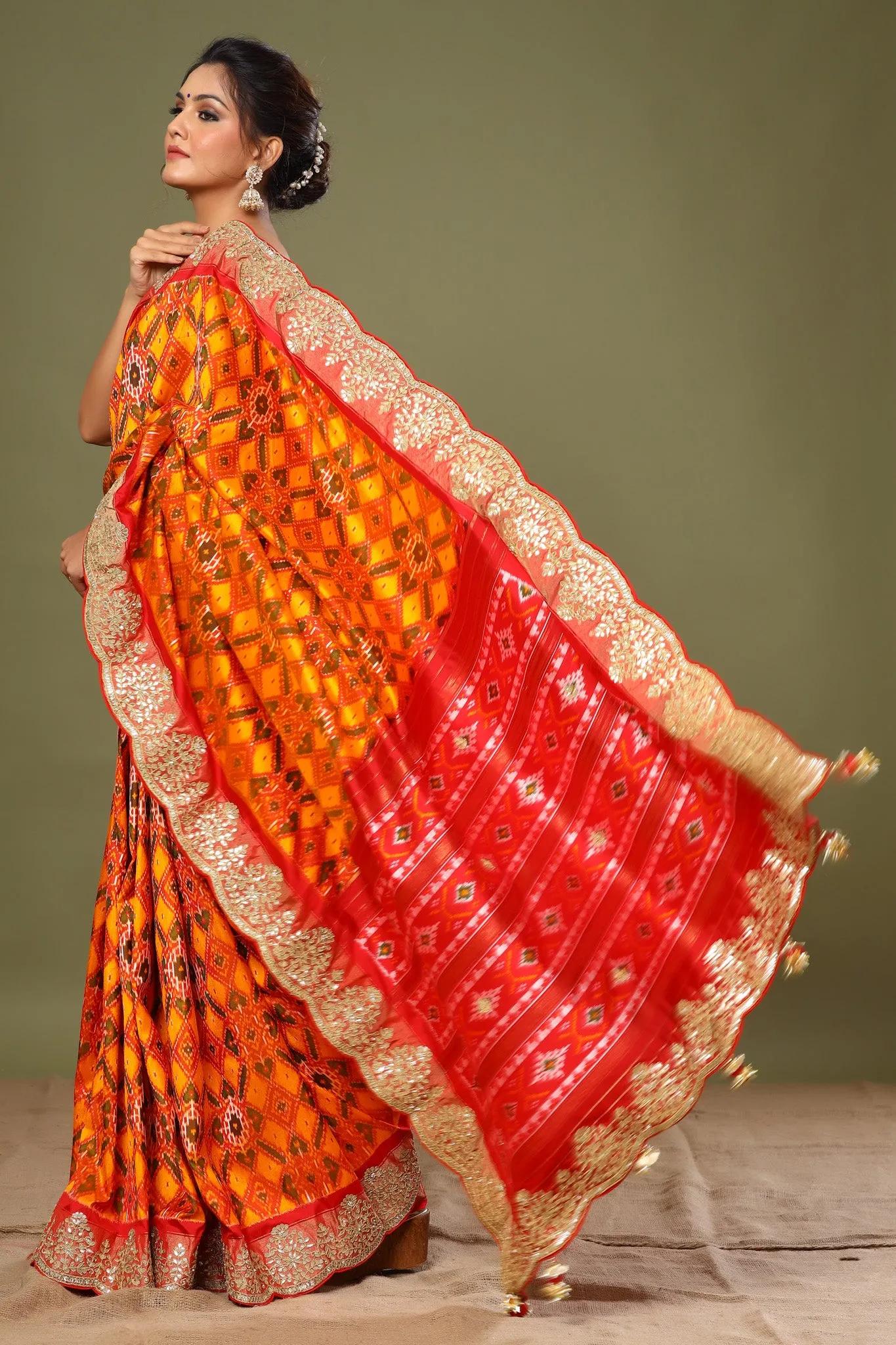 90Z524-RO Orange Patola Silk Saree with Scalloped Border