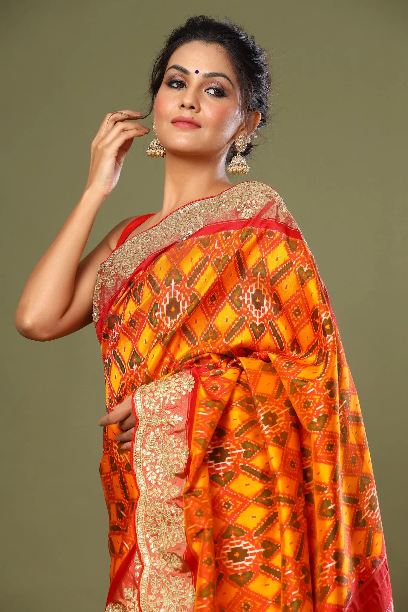 90Z524-RO Orange Patola Silk Saree with Scalloped Border