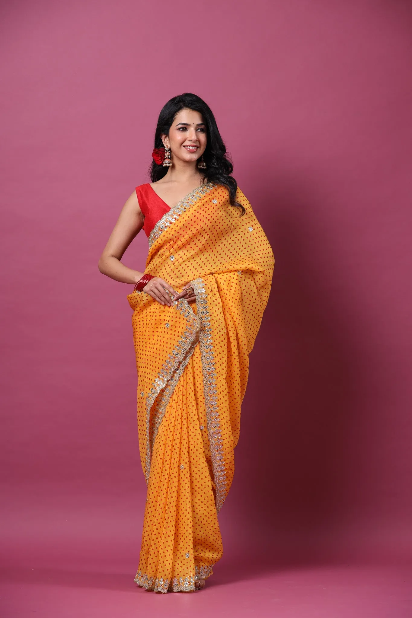 90Z666-RO Orange Bandhej Organza Saree with Scalloped Border