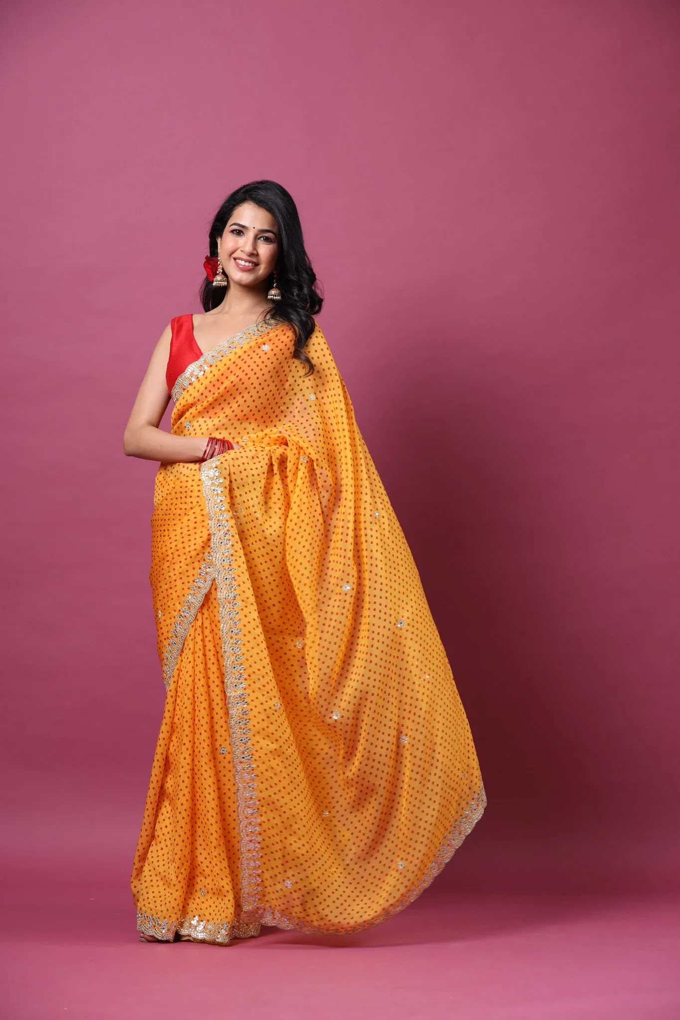 90Z666-RO Orange Bandhej Organza Saree with Scalloped Border