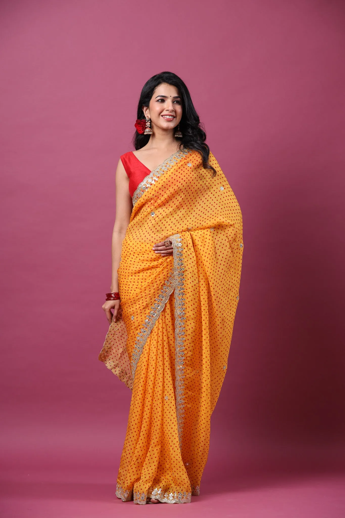 90Z666-RO Orange Bandhej Organza Saree with Scalloped Border