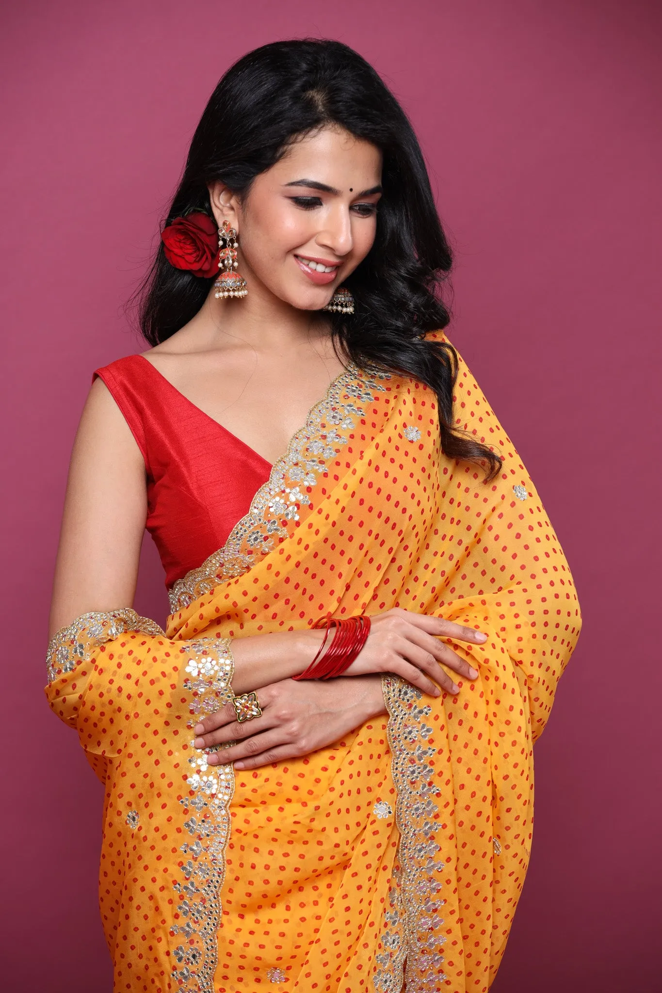 90Z666-RO Orange Bandhej Organza Saree with Scalloped Border