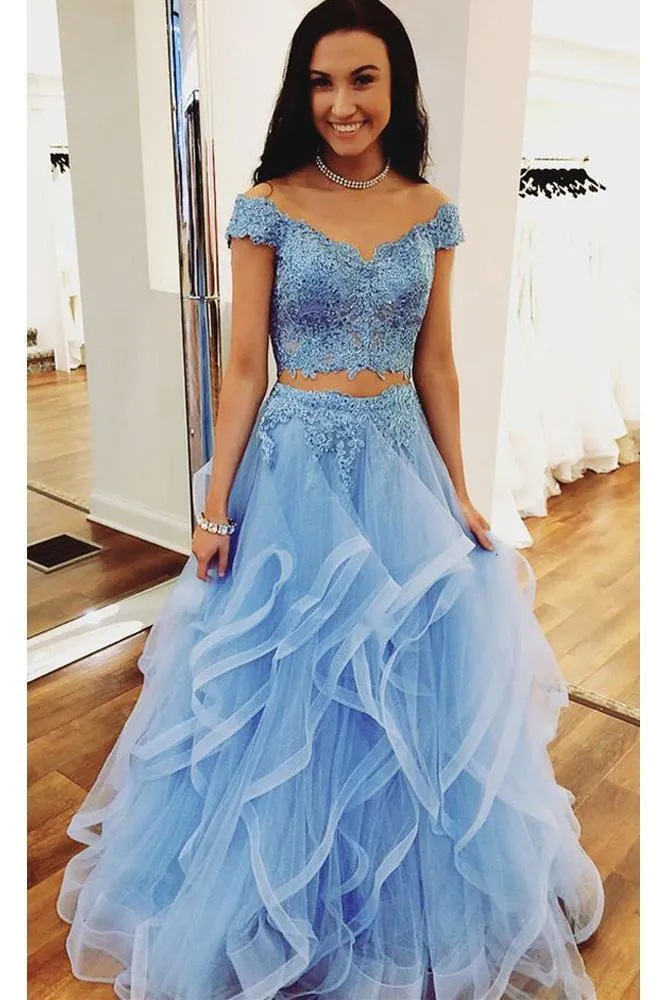 A Line Blue Lace Off the Shoulder Tulle Ruffled Beaded Two Piece Prom Dresses