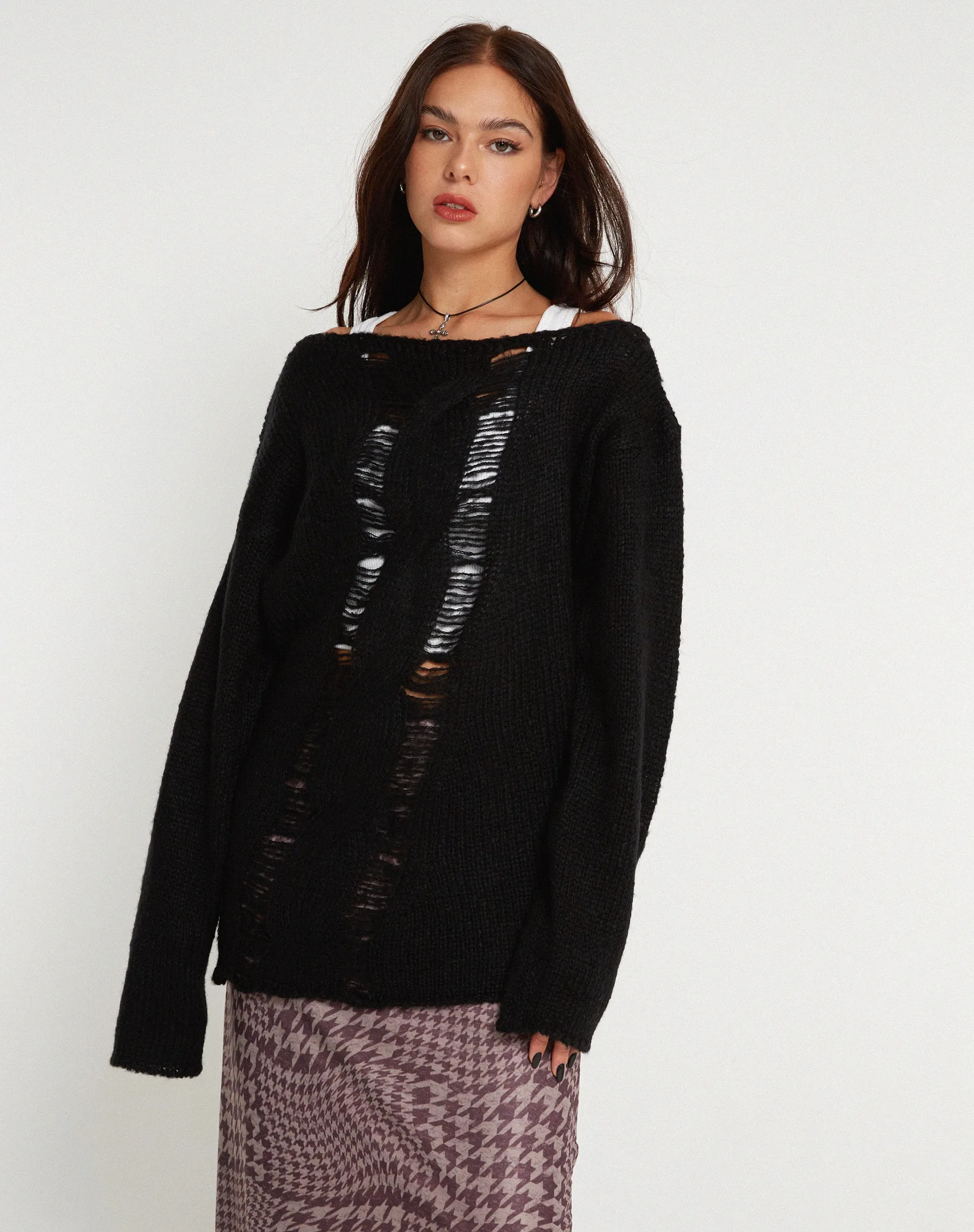 Akohara Laddered Knitted Top in Black