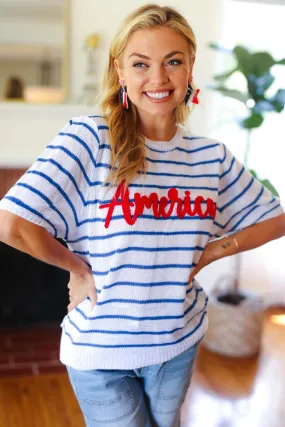 America Proud Blue Striped Embroidered Puff Sleeve Top